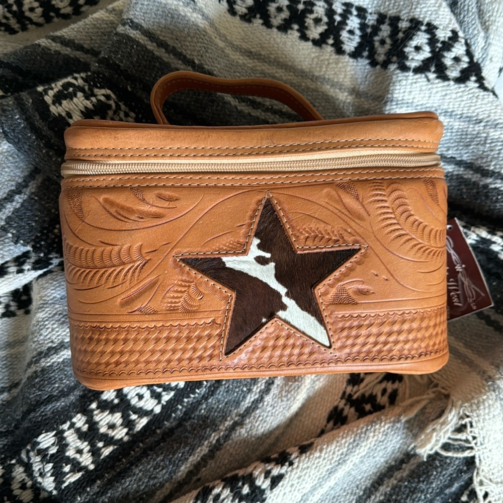 Ropin West tooled full grain leather train case/toiletry case/makeup bag